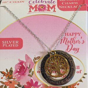 Vintage Silver Plated Mothers Day Family Tree Metallic Charm Necklace